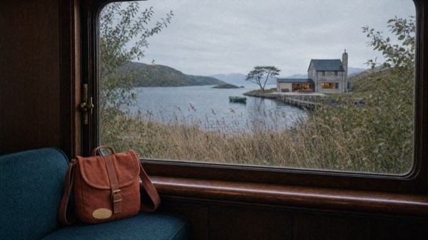 A house through a departing train window — K01 attempt 1
